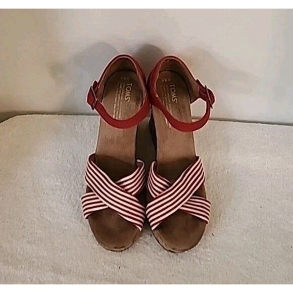 Toms Cork Wedge Sandels 8.5 Red University Stripe Canvas Heels Summer Beachy - Picture 9 of 14